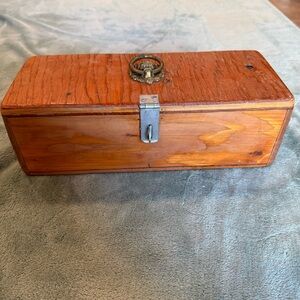 Vintage Wooden Storage Box w/ Brass Lion Ring Handle 11.5” Long